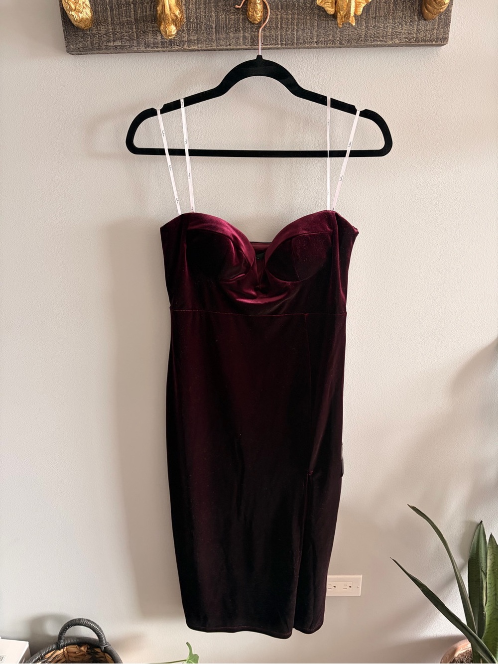Lulu's Burgundy Velvet Midi Dress with Spaghetti Straps